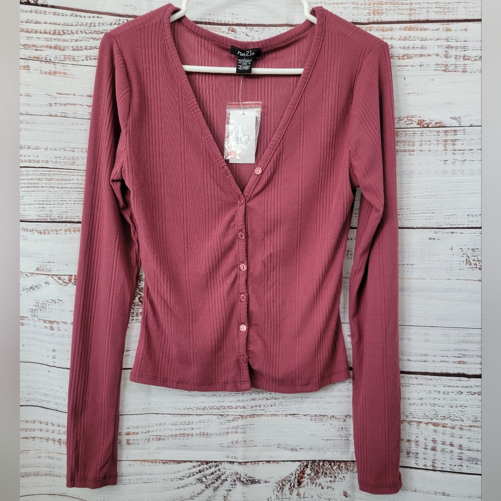 Rue 21 Dark Pink Buttons Down Long Sleeve Cropped Cardigan Size Large